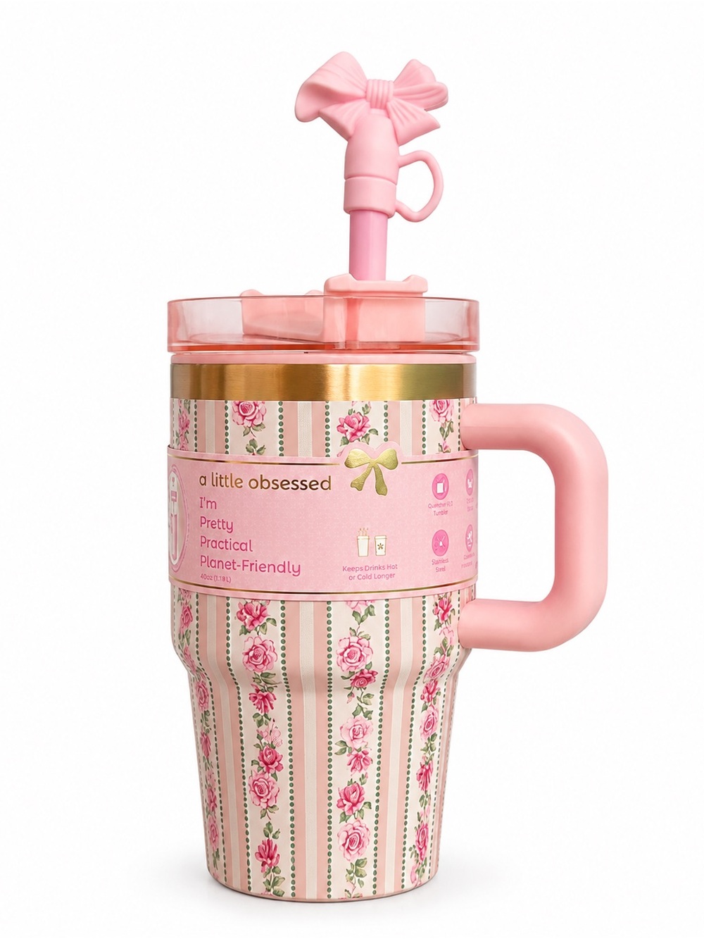 🌸🎀 A Little Obsessed Pink Floral Bow Tumbler – Vintage-Inspired Rose Print